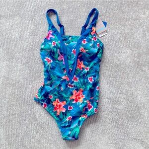 Amoena‎ NWT Mauritius Swimsuit Size 8 Tropical Floral Vacation Beach Aqua Teal